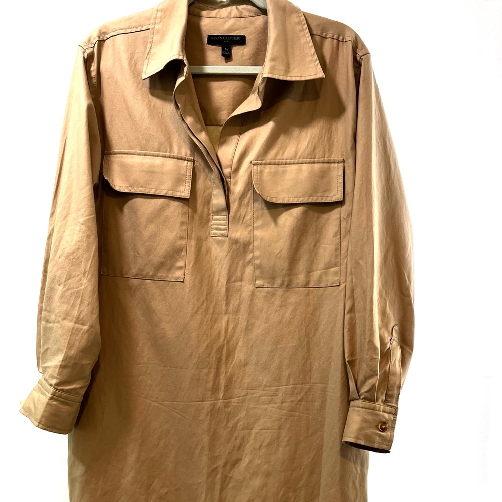 Banana Republic Utility Shift Dress Cargo Safari Tan Twill Shirt Minimalist Med - Picture 2 of 10